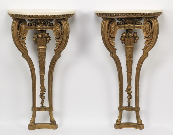 (2) Marble top gilt wood wall consoles, 34"h (1 of 3)