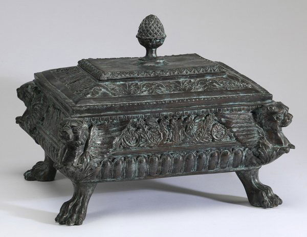 Bronze lidded box with lions' heads, 11"h (1 of 3)