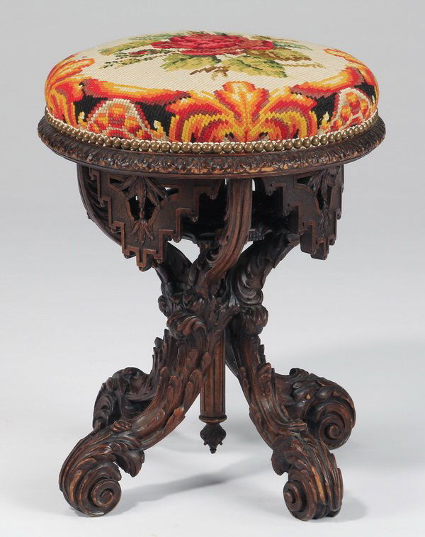 English carved walnut piano stool, 20"h (1 of 3)