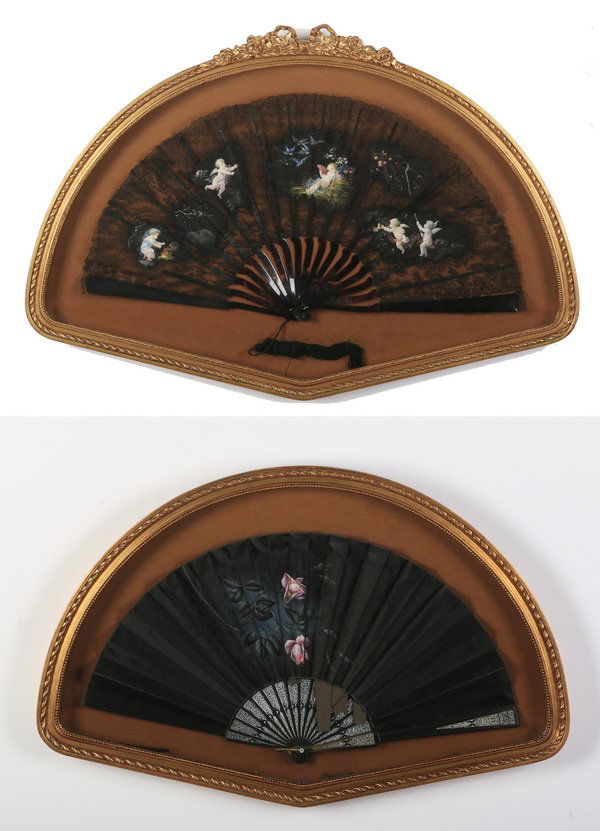 (2) 19th c. hand painted fans in shadowboxes (1 of 3)