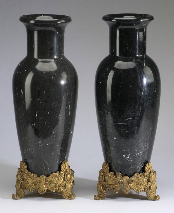 Pair of marble urns w/ bronze bases, 18"h (1 of 2)