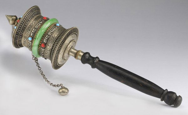 Tibetan Buddhist hand-held prayer wheel, 15"l (1 of 1)