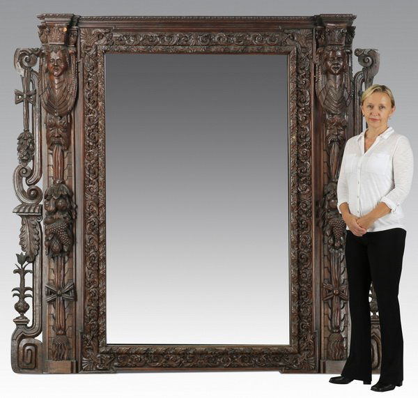 Oversized carved walnut mirror, 19th c., 79"h (1 of 6)