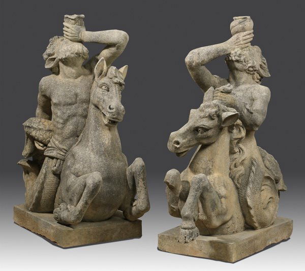 (2) Italian carved limestone Tritons, 43"h (1 of 5)