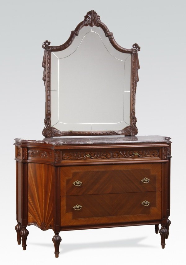 Carved, marquetry inlaid mahogany dresser (1 of 4)