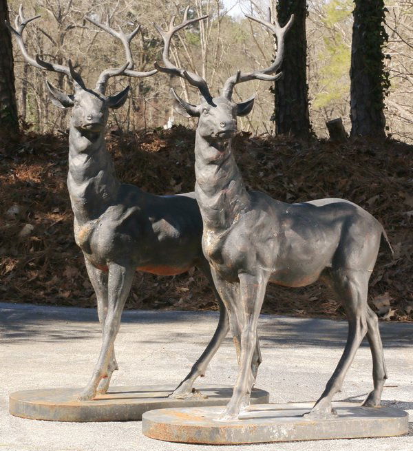 Pair of patinated bronze stags, 60"h (1 of 2)