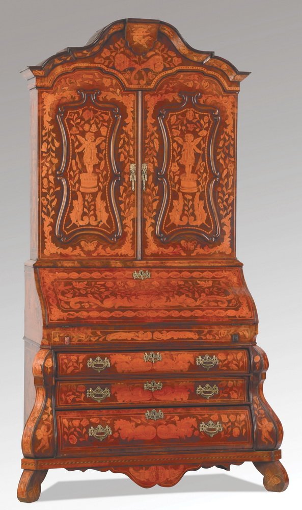 Dutch marquetry bombe' drop front secretary (1 of 8)
