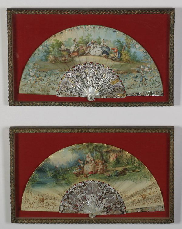 (2) 19th c. hand painted silk, MOP fans (1 of 3)