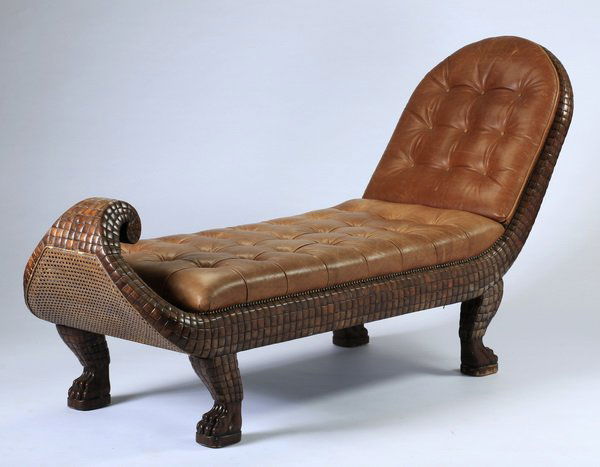 Cane-backed chaise with tufted leather, 64"l (1 of 3)