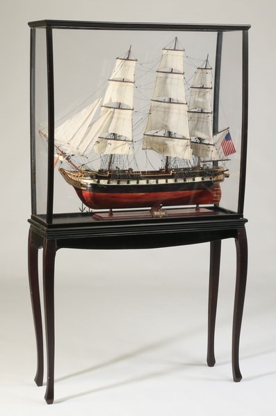 Carved mahogany model ship on stand (1 of 10)