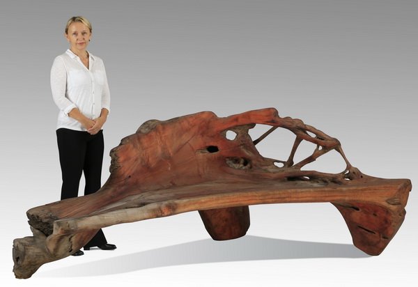 Contemporary carved teakwood bench, 105"w (1 of 4)