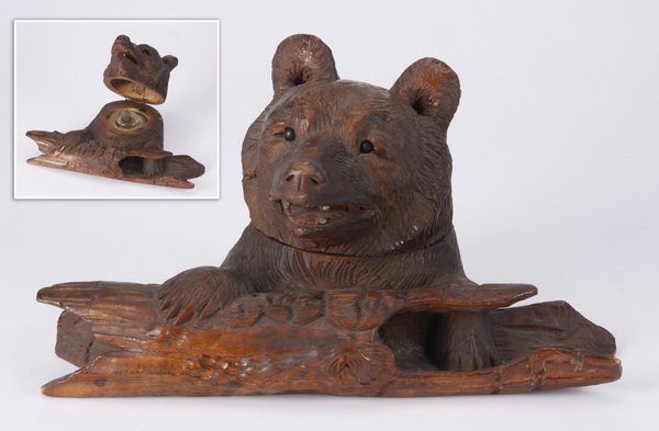 Black Forest bear on log inkwell, 12"l (1 of 6)