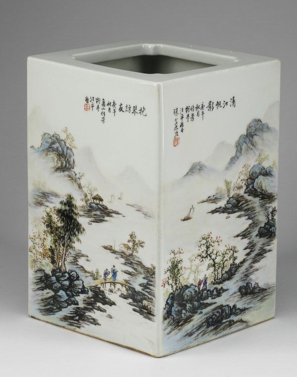 Chinese square brush pot, artist signed, 10"h (1 of 7)