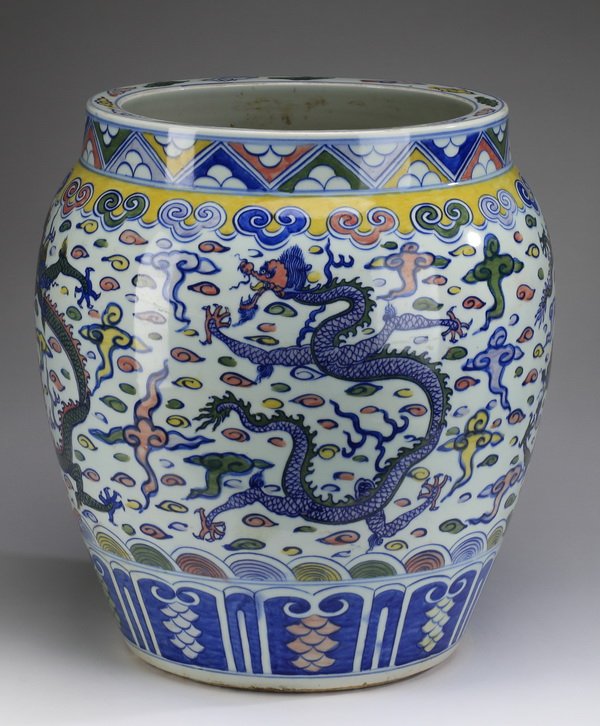 Chinese Ming style wucai fish pot, 18"h (1 of 6)