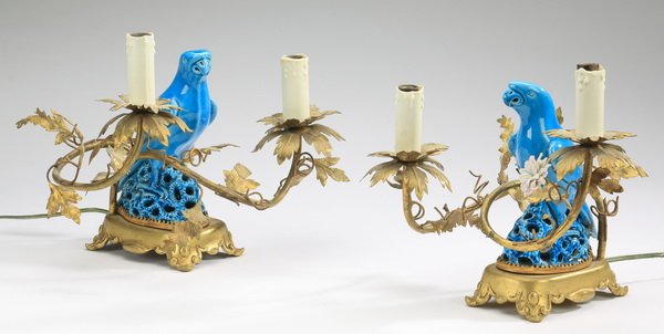 (2) Porcelain parrot 2-light candelabra, 9"h (1 of 2)