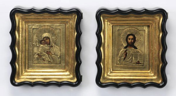 (2) Russian icons, 19th c. in oklads & kiots (1 of 7)