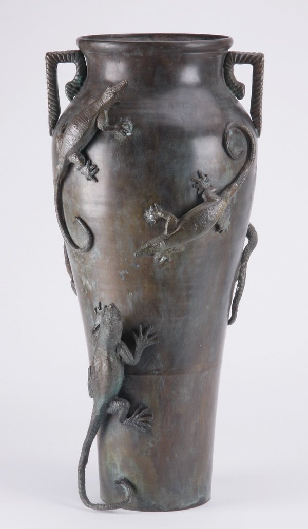 Patinated bronze vase w/ applied lizards, 24" (1 of 2)
