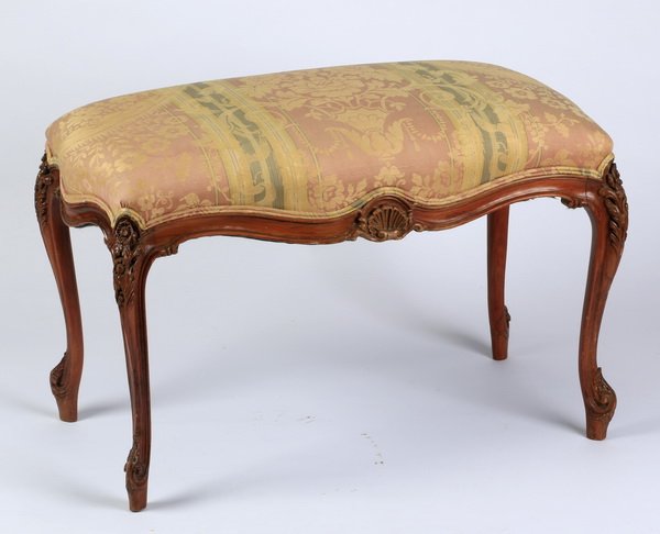 Louis XVI style upholstered bench, 29"w: Louis XVI style bench, of rectangular form, upholstered in striped damask, the back centering a carved shell motif, and the whole rising on cabriole legs with highly carved floral knees, 19"h x 29"l x