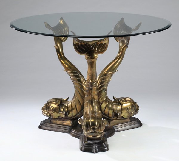 Brass and glass dolphin center table, 42"w (1 of 3)