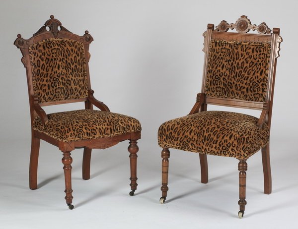 (2) Carved walnut chairs in leopard velvet (1 of 3)