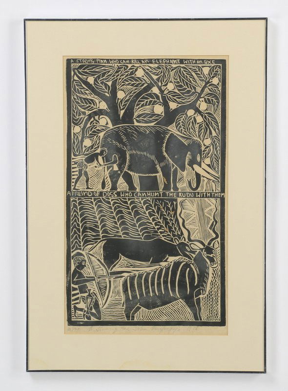 Muafangejo wood block print, signed: John Ndevasia Muafangejo (Namibian, 1943-1987) wood block print on paper titled 'A Strong Man,' artist numbered, inscribed, signed and dated in pencil ''31/120 A Strong Man John Muafangejo 1970,' shee