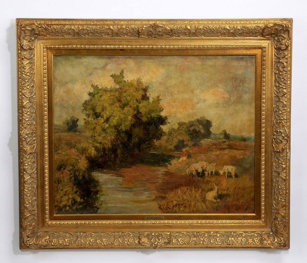 Hugo Konig signed O/c landscape w/ sheep (1 of 5)