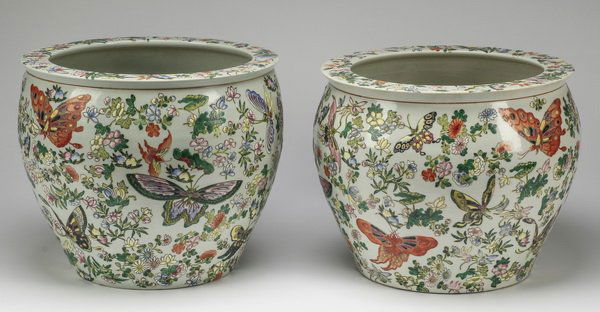 (2) Chinese fishbowls w/ butterflies, 14"w (1 of 2)