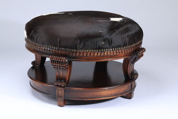 Hair on hide upholstered ottoman, 35"diia (1 of 2)