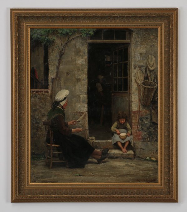 19th c. Edgar M. Ward signed O/c, 31"h: Edgar Melville Ward (American, 1839-1915) oil on canvas titled 'Fisherman's Cottage, Treport, France,' depicting a matron spinning yarn outside of a cottage, while a young girl sits in the doorway wit