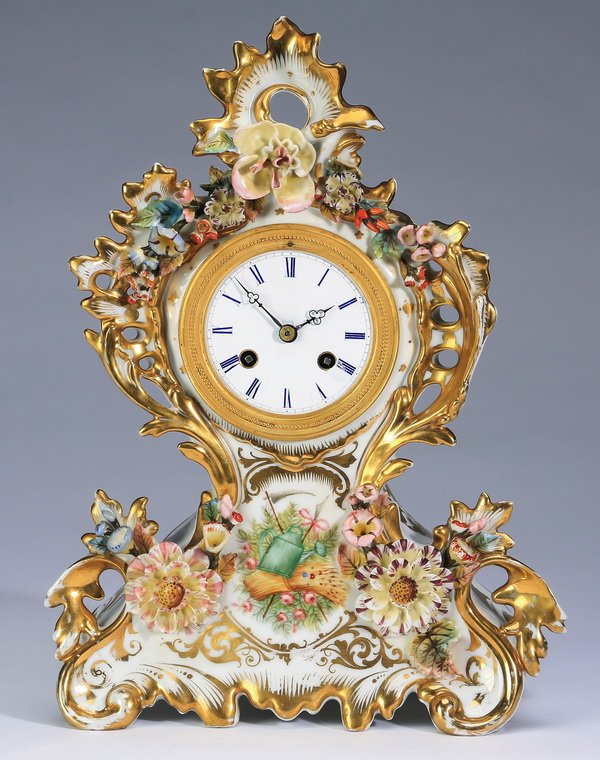 Dresden style porcelain mantel clock, 14"h (1 of 6)