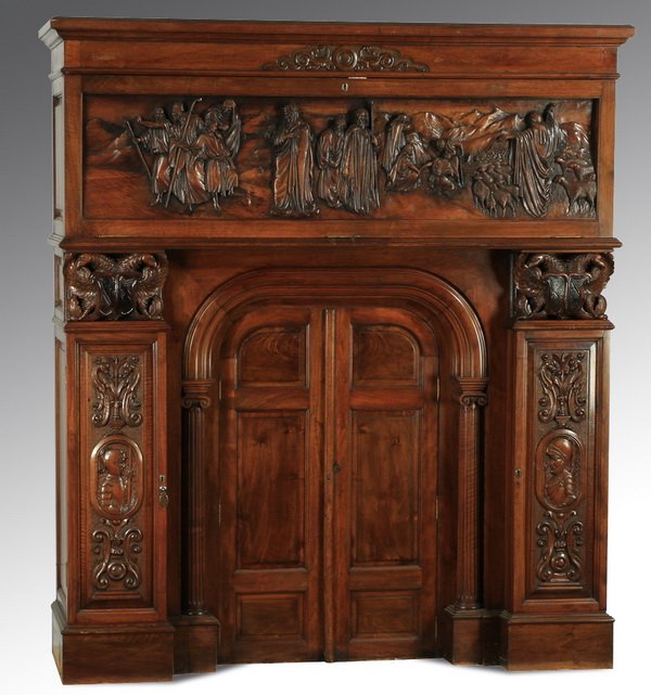 Ornately carved two-door fireplace surround w/storage (1 of 9)