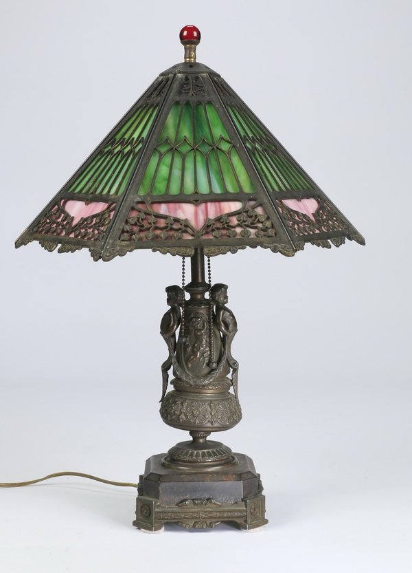 Metal overlay slag glass table lamp, 22"h (1 of 3)