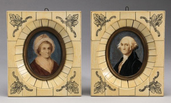 (2) Signed Washington portraits on ivorine: A pair of signed miniatures on ivorine of George and Martha Washington, the portrait of George Washington after Gilbert Stuart, with a spurious signature at the lower right, and the portrait of Marth
