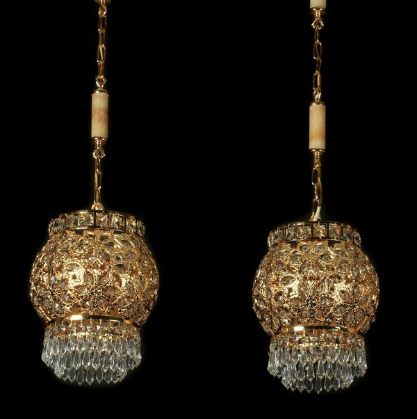 (2) Gilt metal & floral pendant lights, 48"h. (1 of 3)