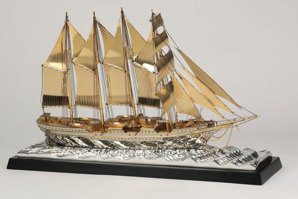 Gilt metal model of a masted ship, 24" long (1 of 4)