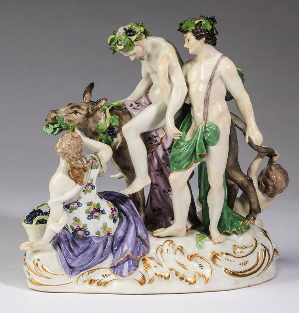 19th c. Meissen porcelain Bacchus group, marked, 8"h (1 of 6)