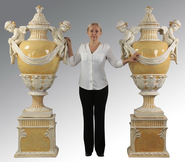 Monumental Italian majolica urns, 74"h (1 of 10)