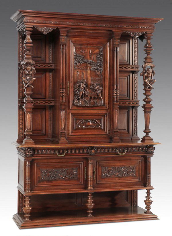 19th c. French carved walnut buffet, maker mark, 96"h (1 of 6)