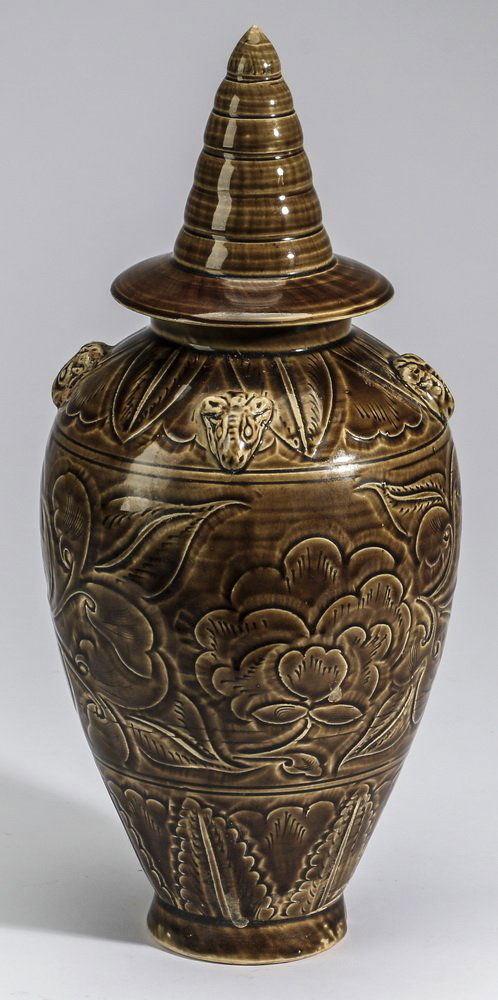 Chinese Yaozhou style covered jar, 15"h (1 of 8)