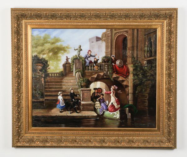 Frame O/c in the manner of Schweninger, 39"w: In the manner of Carl Schweninger, Jr. (Austrian, 1854-1903) oil on canvas depicting figures in fancy dress conversing from a boat and a bridge over a picturesque canal, artist signed 'Bob Taylor' at