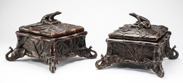(2) Maitland Smith bronze lidded boxes, 14"w (1 of 3)