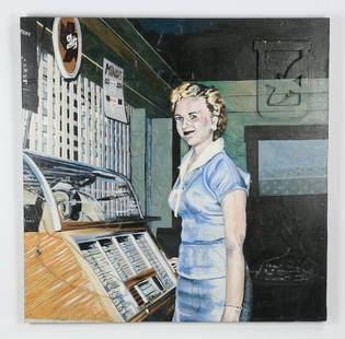 Bill Havoren, O/board diner scene, 42"sq: Bill Havoren, (Texas b. 1957) oil on board, three dimensional work depicting a 1950's diner scene with a waitress standing at a jukebox, artist signed and dated 2003 verso in pencil, 42"sq.