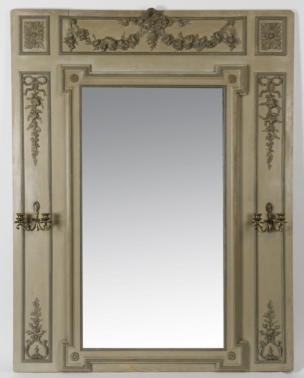 19th c. French paint decorated trumeau mirror, 65"h (1 of 3)