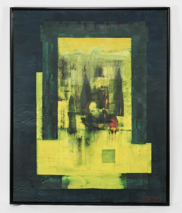 Xavier Navarro de Torres (Spanish), signed O/c, 72"h: Xavier Navarro de Torres (Spanish, born 1956), oil on canvas titled 'Amarillo Limon,' artist signed and dated 'Torres, 1997' at lower right, 70"h x 56"w, overall dimensions including Larson Juhl frame