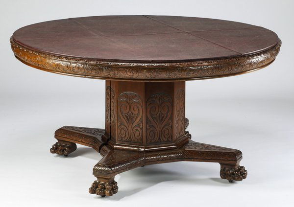 Carved oak table w/ 4 leaves, 57" diam. (1 of 5)