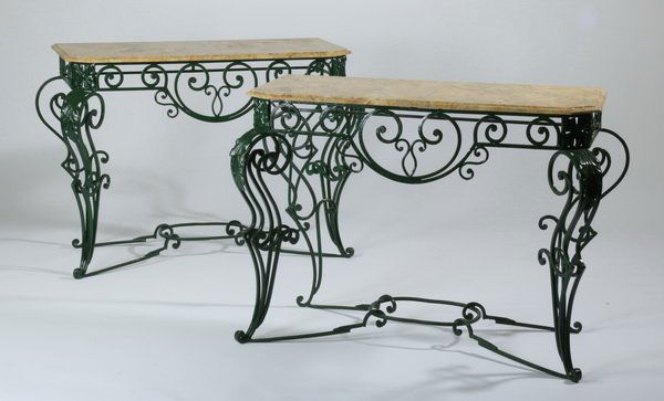 (2) Wrought iron marble top consoles, 48"w (1 of 2)