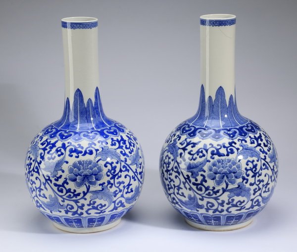 (2) Chinese blue and white bottle vases, 18"h (1 of 3)