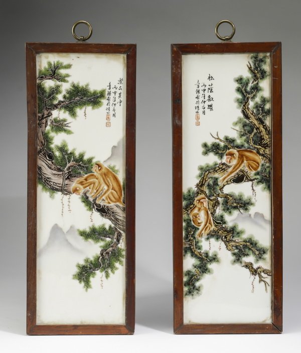 (2) Chinese enamel decorated monkey plaques, 17"h (1 of 6)