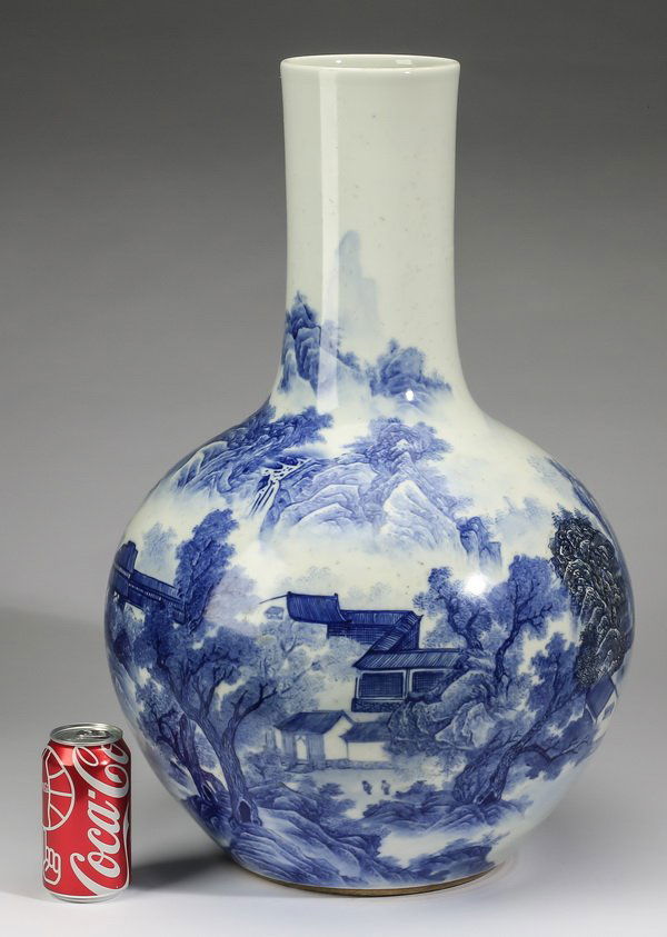 Large Chinese landscape vase, Qianlong mark, 25"h: Large Chinese blue and white bottle vase, decorated with a landscape of pavilions near a river with figures in a boat, and mountains in the background, the underside with a blue underglaze Qianlong se