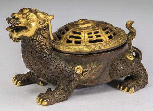 Chinese gilt bronze figural 'bixie' censer, 7" long (1 of 8)